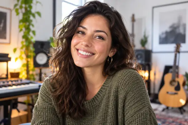 Un enseignant en ligne adulte souriant dans un portrait lumineux cadré aux épaules