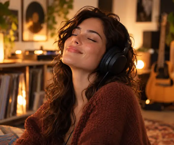 Un passionné de musique adulte dans un portrait chaleureux, cadré aux épaules et doucement éclairé