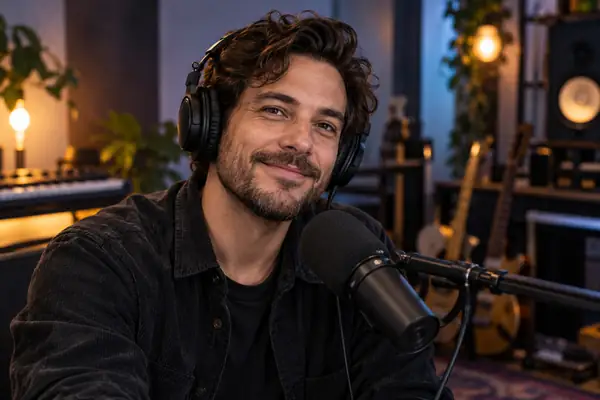 Un podcasteur adulte dans un portrait décontracté en studio, cadré aux épaules