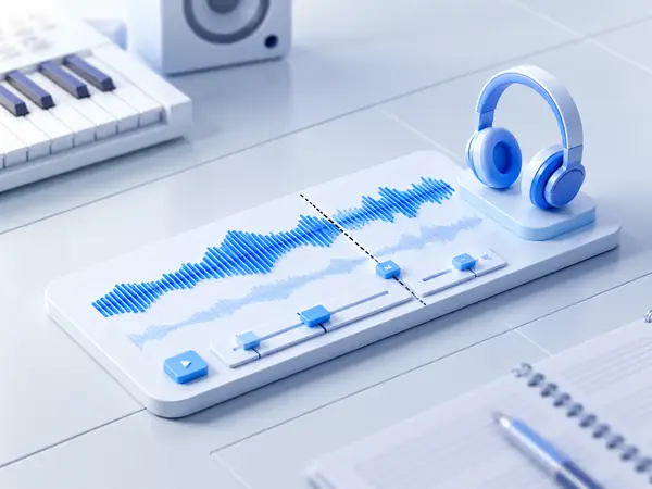 Onde sonore bleue et commandes de montage sur un bureau clair