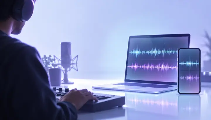 Ordinateur portable et téléphone affichant des ondes sonores pour un projet de montage vidéo
