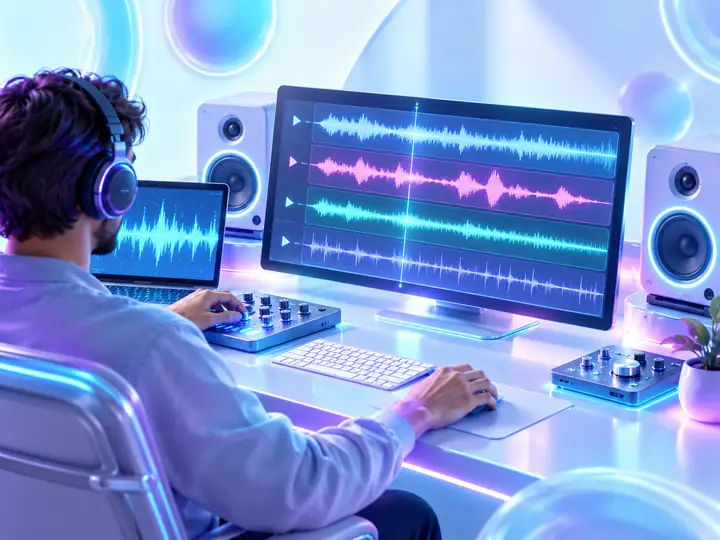 Un producteur de musique examinant des formes d’onde audio distinctes à son poste de travail