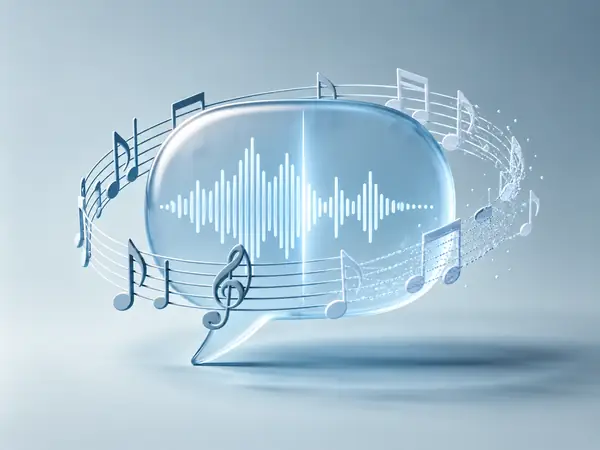 Illustration bleu pâle d’une onde sonore entourée de notes de musique