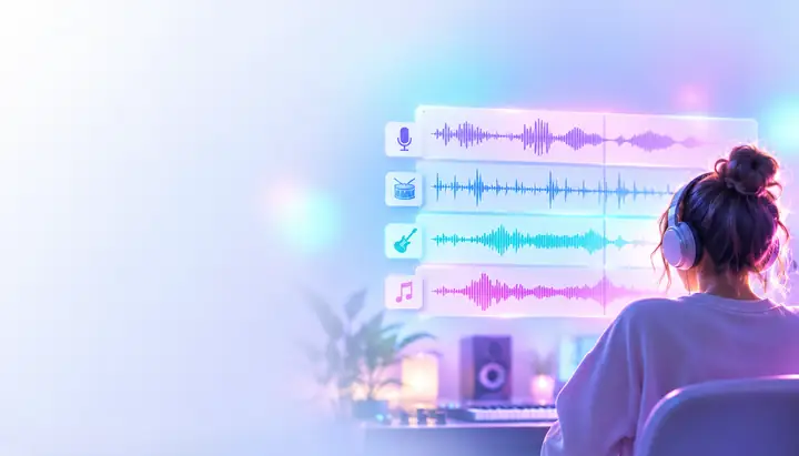 Éditeur audio aux tons pastel avec des ondes sonores distinctes, prêt pour un autre projet créatif