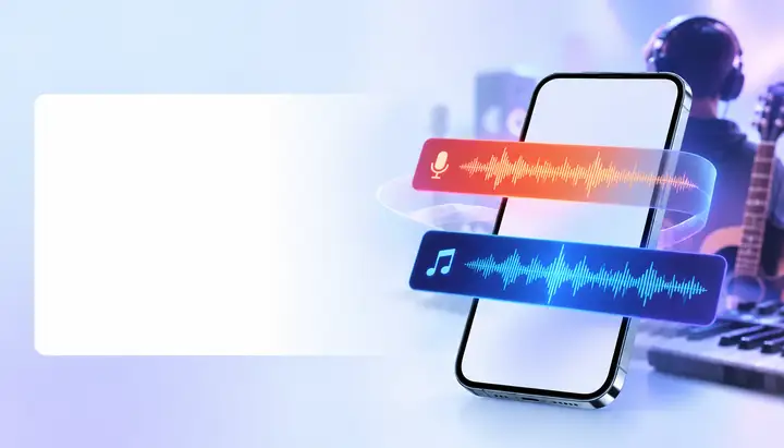 Smartphone entouré de pistes d’ondes sonores distinctes pour la voix et la musique