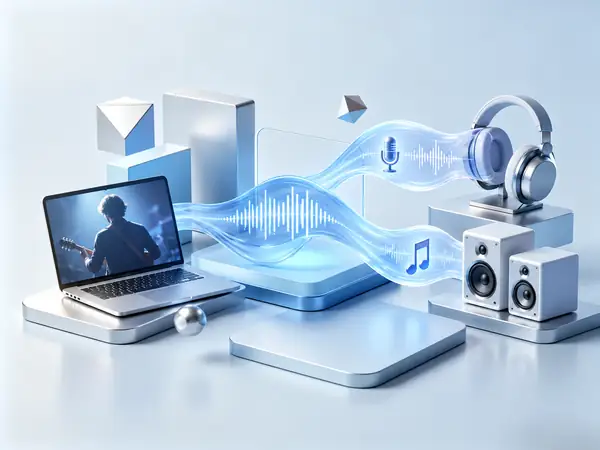 Illustration bleu doux de contenus multimédias circulant entre des appareils de montage