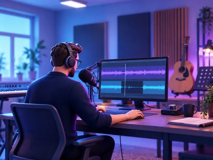 Un enseignant préparant une leçon enregistrée à l’aide d’outils de montage audio