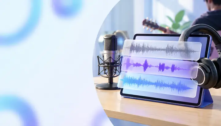 Casque et microphone à côté d’ondes sonores superposées sur une tablette