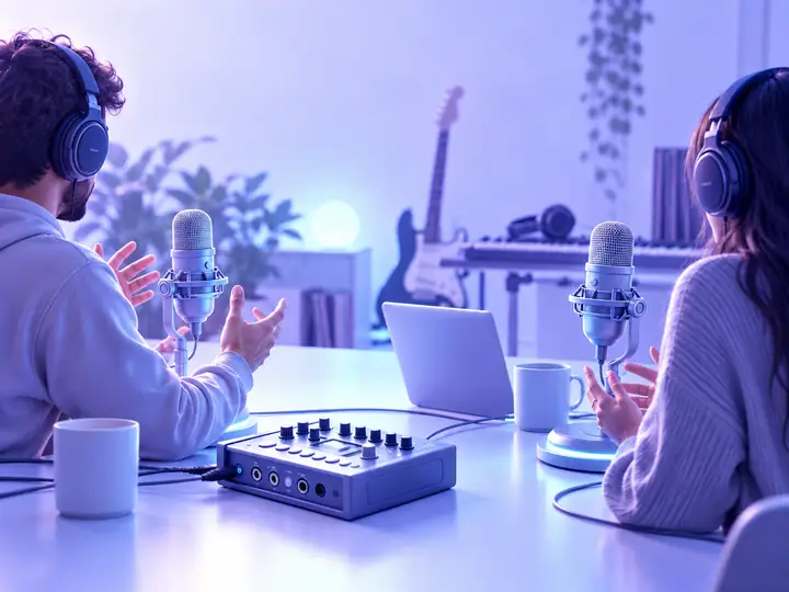 Des animateurs de podcast enregistrant une conversation avec des microphones et des casques