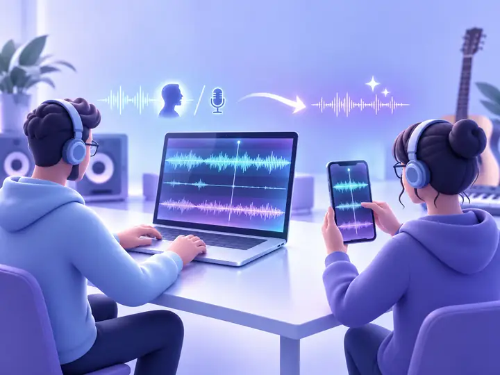 Deux créateurs travaillant sur des ondes sonores avec un ordinateur portable et un téléphone